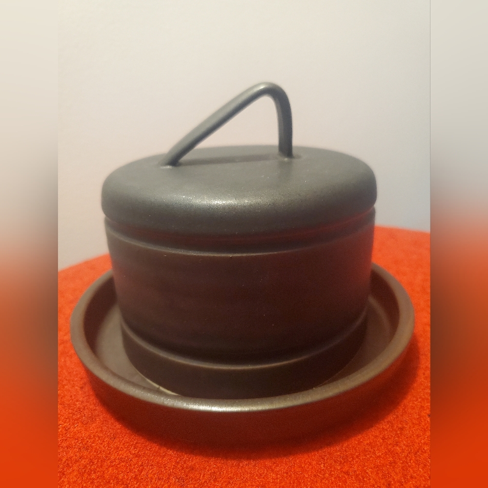Handmade Ceramics/large round Butter Dish /black/brown. Made in Manitoba